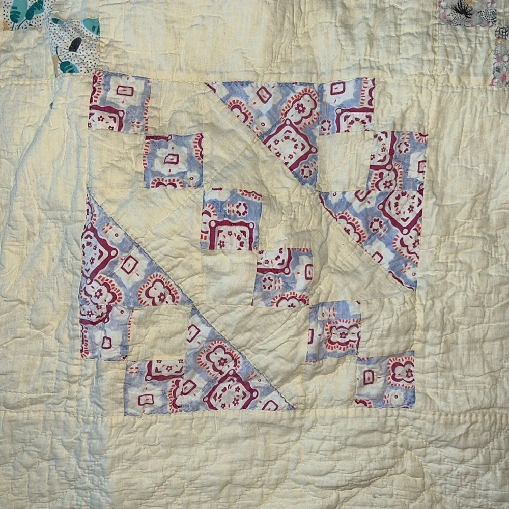 Antique twin size handmade squares patchwork triangle quilt 54” x 80”